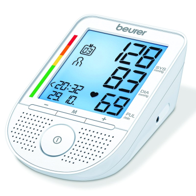 Close-up side angle view of blood pressure monitor showing digital display details