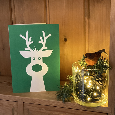 Inclusive reindeer Christmas card on a shelf with Christmas decorations