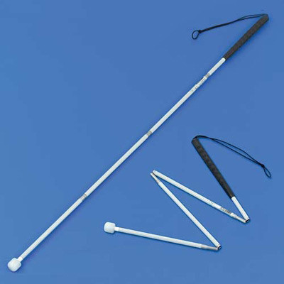 Aluminium fold long cane with roller extended for use and part-folded
