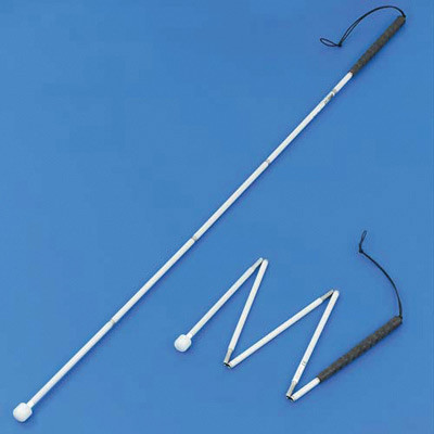 Aluminium fold long cane with roller extended for use and part-folded
