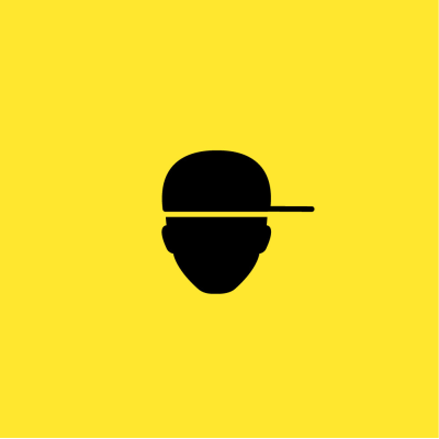 Black head shape on a yellow background.