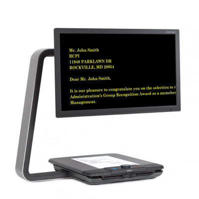 ClearView HD Desktop Video Magnifier with yellow text on a black screen