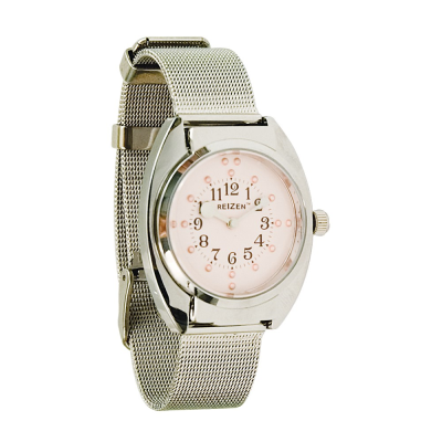 Front view of Reizen tactile watch with mesh strap and pink face