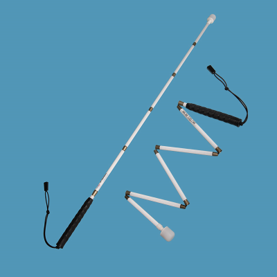 Graphite folding long cane with roller marshmallow tip extended for use and part-folded