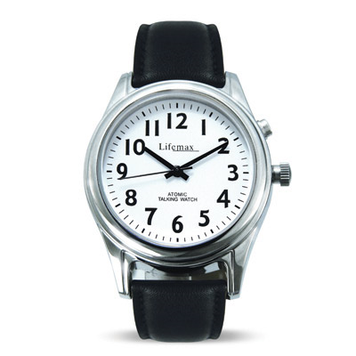 Face on view of the white faced watch with clear black numbers and hands and black leather strap