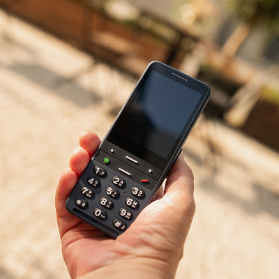 Image shows hand holding phone in a sunny street