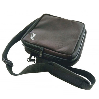 Black padded carrying case with strap against a white background