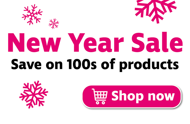 New Year Sale. Save on 100s of products. With a ‘shop now’ button and pink snowflakes. 