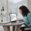 Image shows a white woman reading with the magnifier