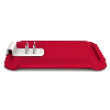 Large, red chopping board with four-pronged food holder attached