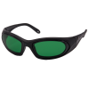 Migralens wrap-around eyeshields with a black frame and green filter