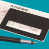 Signature guide on a cheque with a pen at the bottom against a blue background