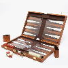 Backgammon case open to show tactile board, counters and dice