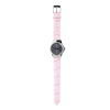 A stainless steel ladies watch with pink leather strap and charcoal toned dial with strap flat