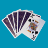 Large print with braille playing cards fanned  - some face down to show blue backs,