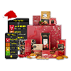 Synapptic products next to a red gift box and hamper contents