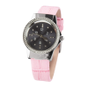 A stainless steel ladies watch with pink leather strap and charcoal toned dial with strap buckled