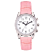 Small radio controlled talking watch with silver case, white face and pink strap