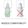 Diagram showing which shape of eye-drop bottle the applicator does and doesn't work with.
