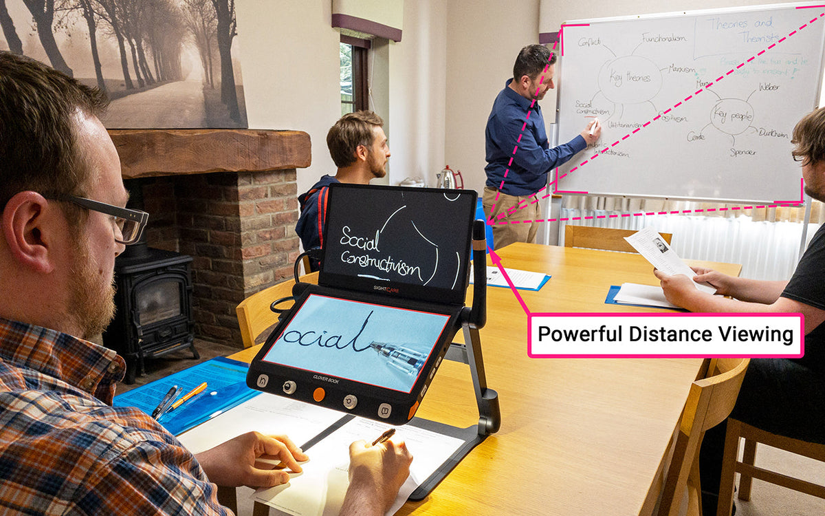 A person using a CloverBook to magnify a whiteboard in a meeting, while taking notes at the same time.