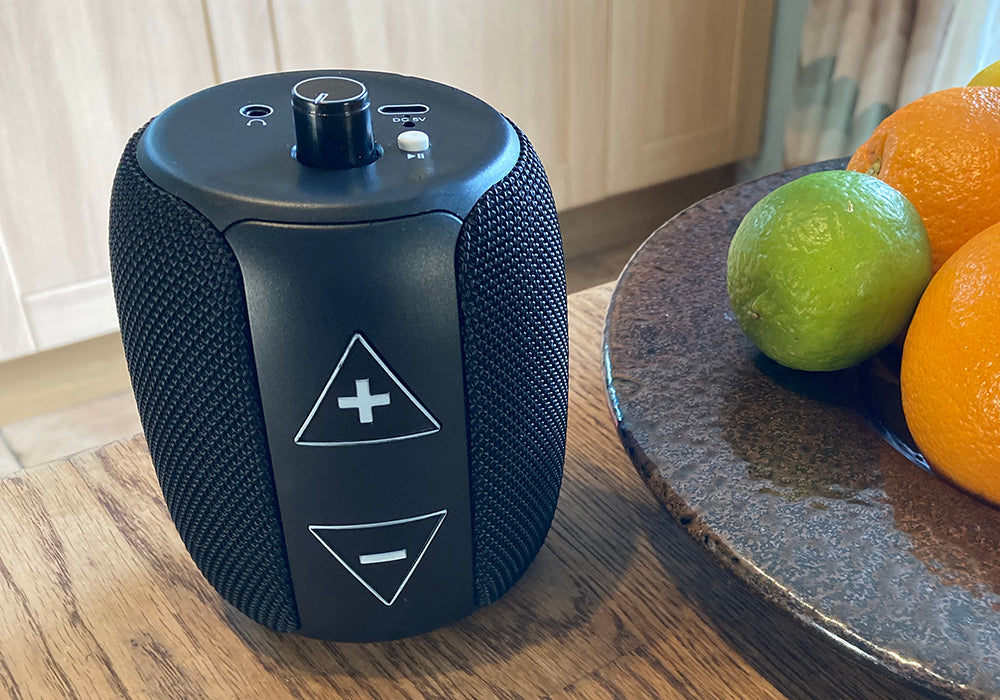 RNIB Accord player on a kitchen table next to a fruit bowl.