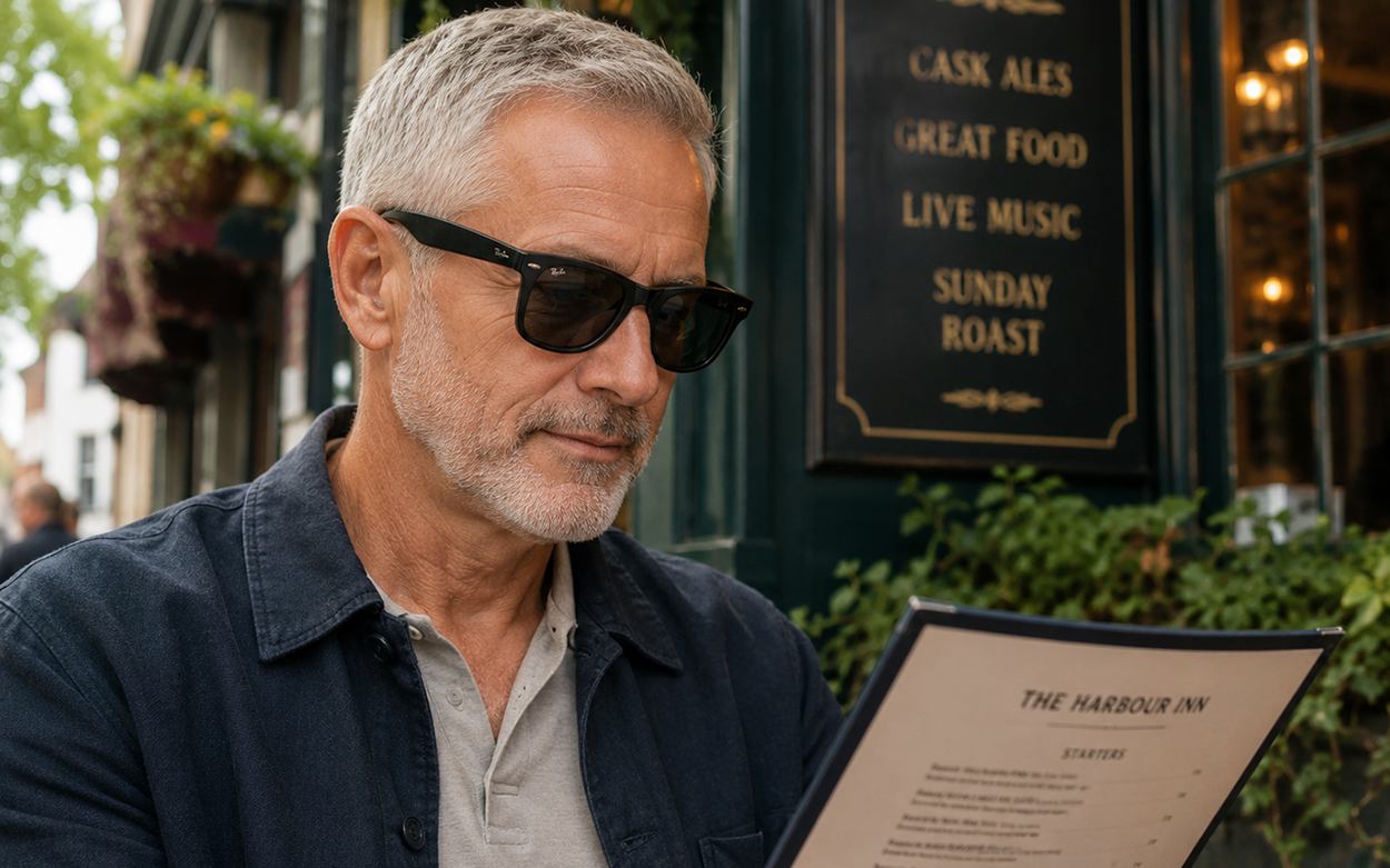 Man using Ray-Ban Meta smart glasses with sun lenses to read a pub menu