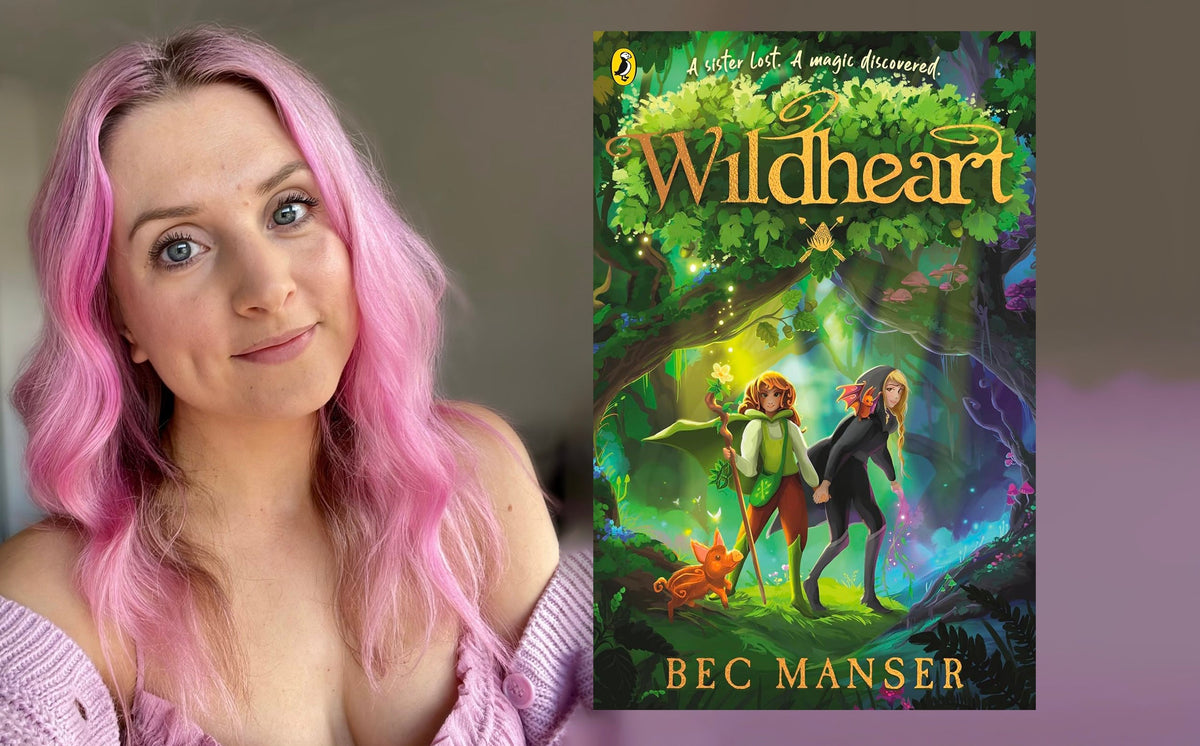 Portrait photo of Bec Manser, a young white woman with long pink hair in a pink sundress. A copy of her book Wildheart is superimposed next to her showing two characters in a mystical looking woodland.