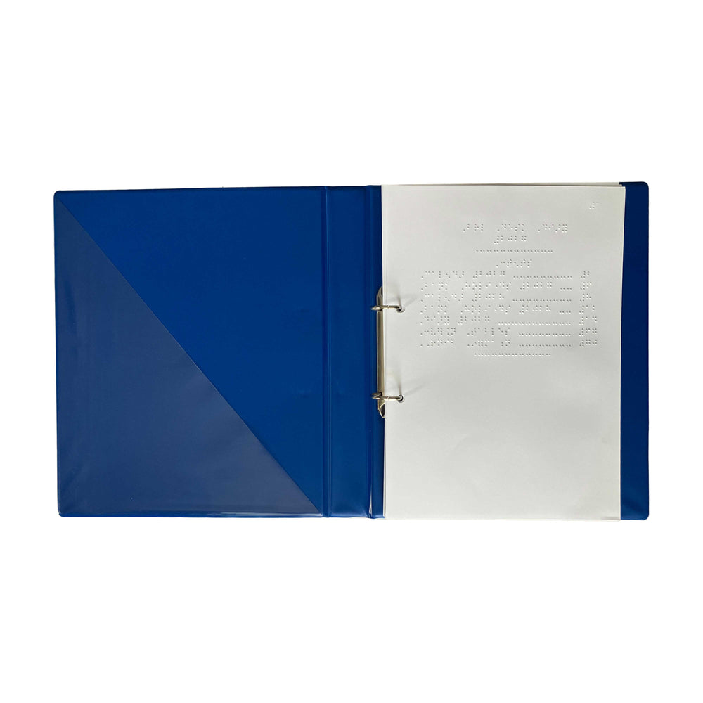 A blue plastic ring binder folder shown open, with a translucent blue cover on the left and white interior pages on the right, photographed on a plain white background.