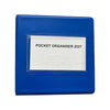 A blue pocket organizer with a clear window displaying a white insert card labeled 'POCKET ORGANISER 2027' with black text and Braille, shown on a plain white background.