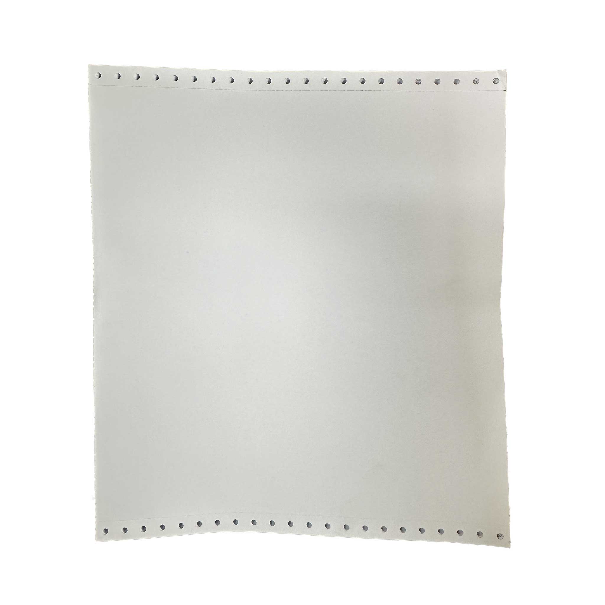 Top down view of white, tractor-fed computer paper on a white background.