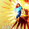 Cover of Ella Jones vs the Sun Stealer. A young woman and guide dog are superimposed on a starburst filled with crackling light and lego-like braille cells.