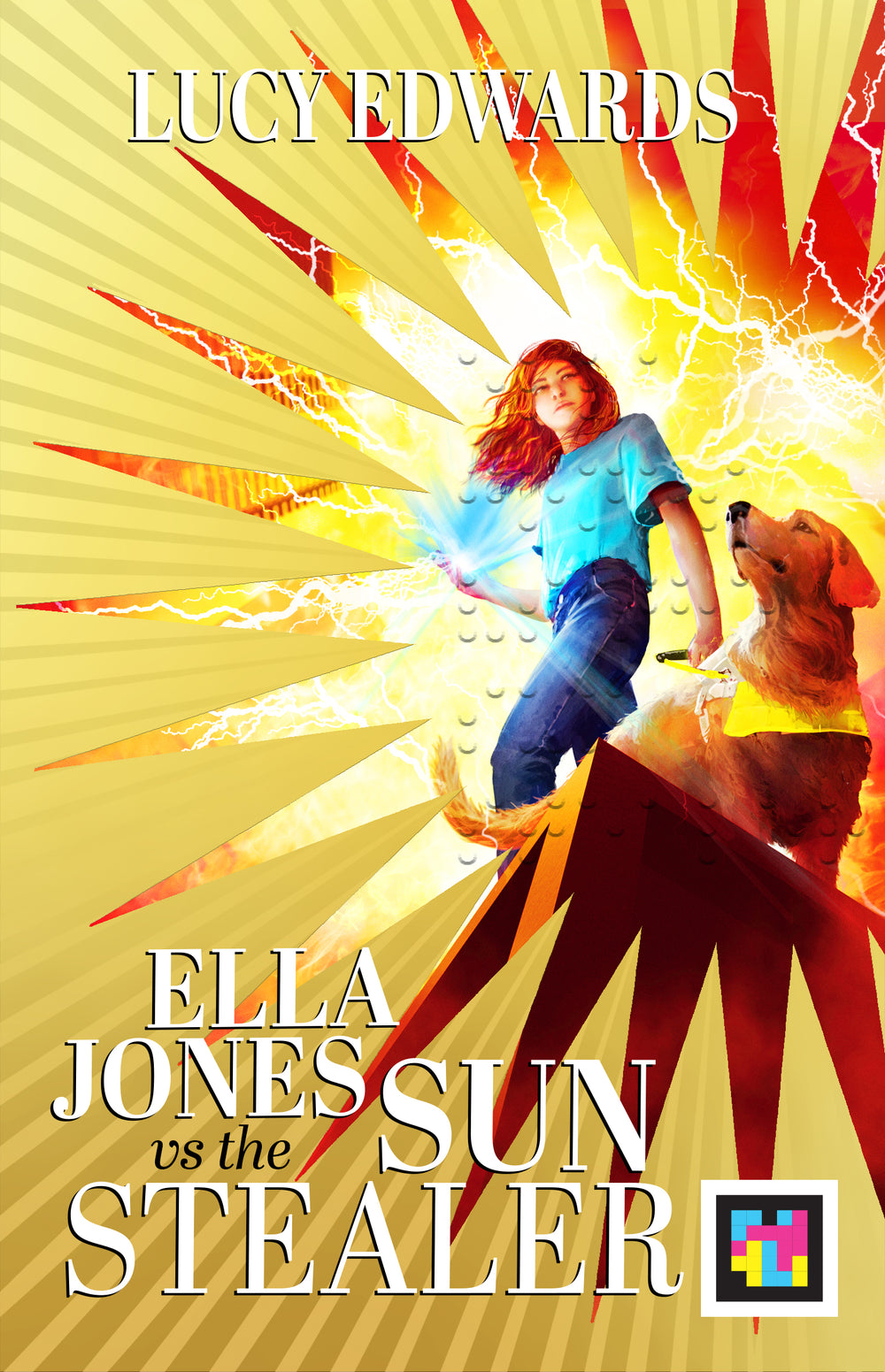 Cover of Ella Jones vs the Sun Stealer. A young woman and guide dog are superimposed on a starburst filled with crackling light and lego-like braille cells.