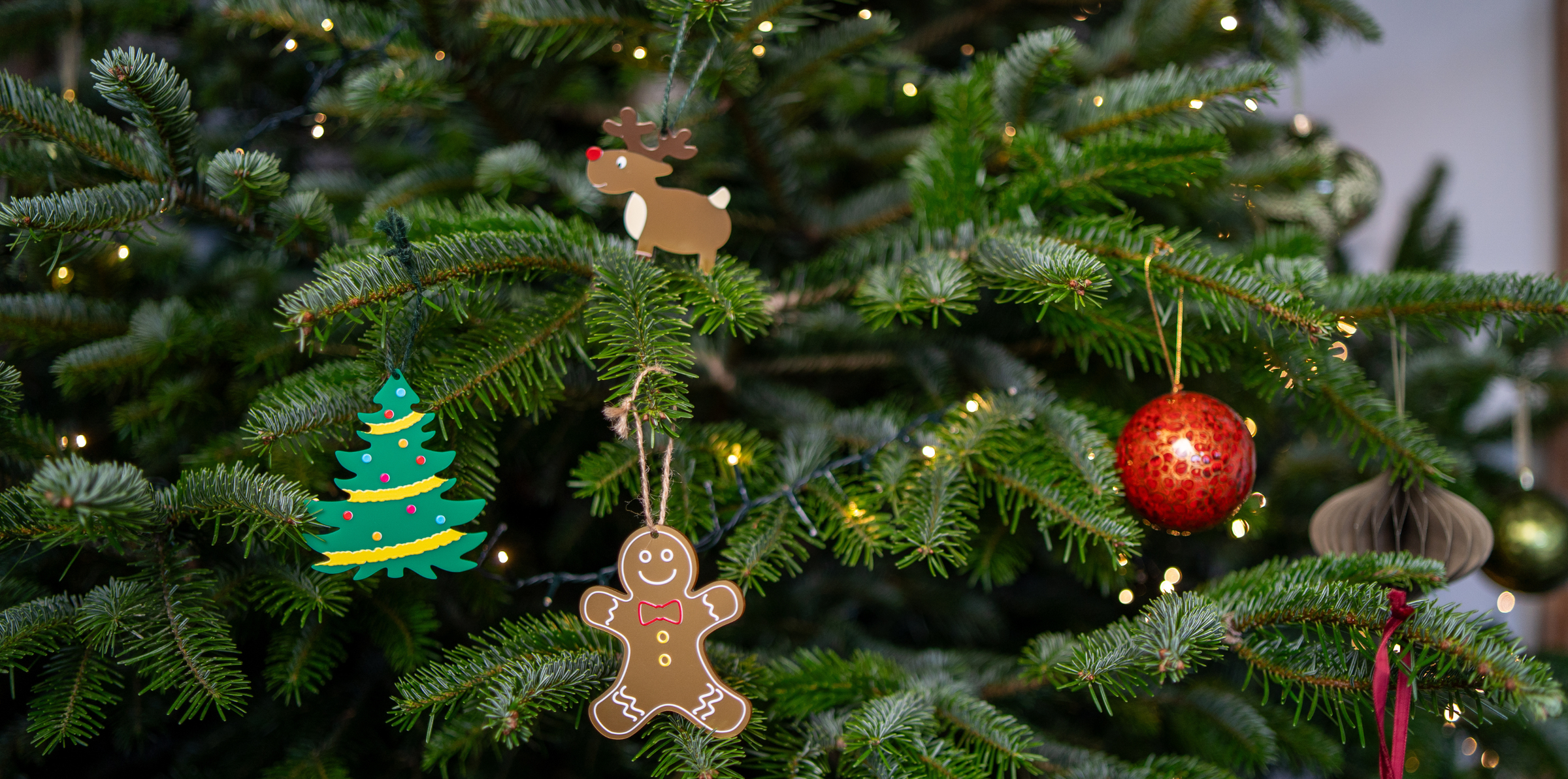 Christmas tree decorated with small, warm white fairy lights and three tactile decorations (reindeer, Christmas tree, gingerbread person)