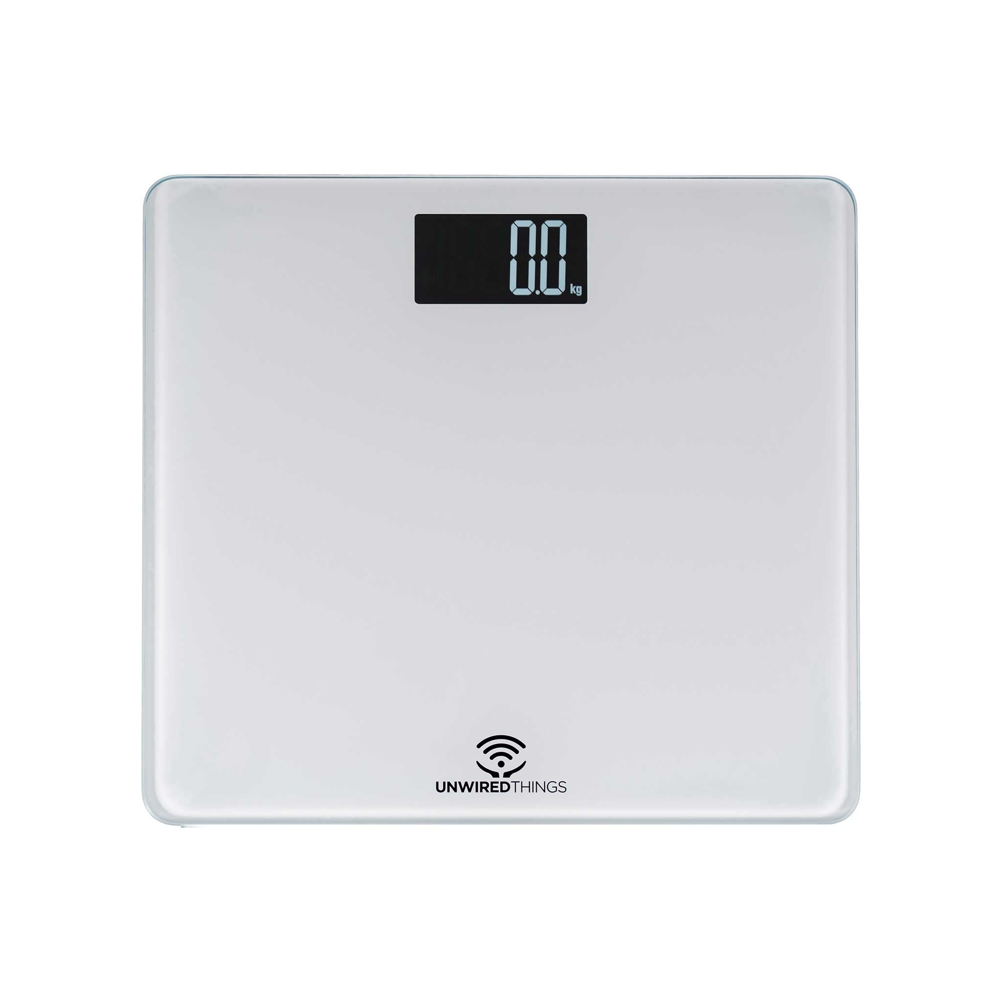 Digital bathroom scale with LED display on a white background