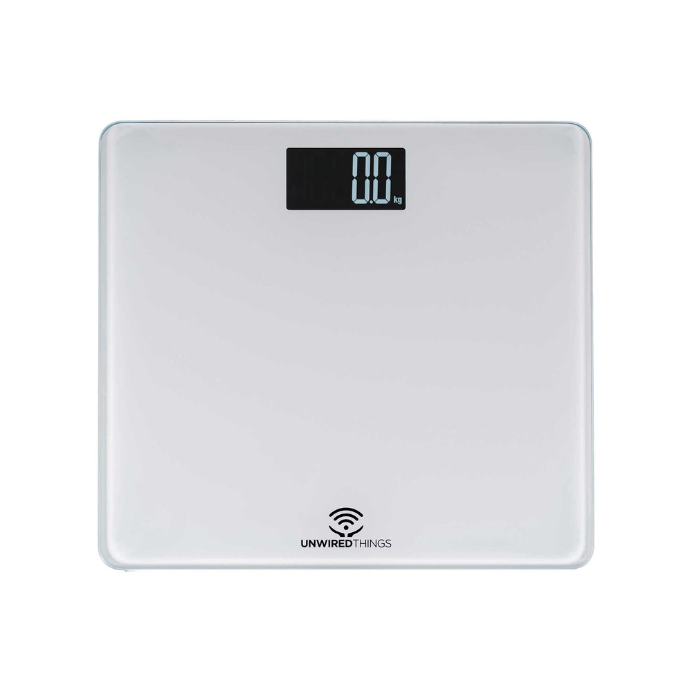 Digital bathroom scale with LED display on a white background