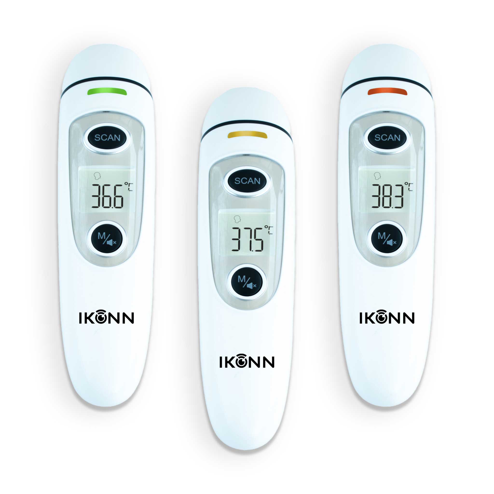Three IKONN digital thermometers displaying different temperatures and light colours on a white background