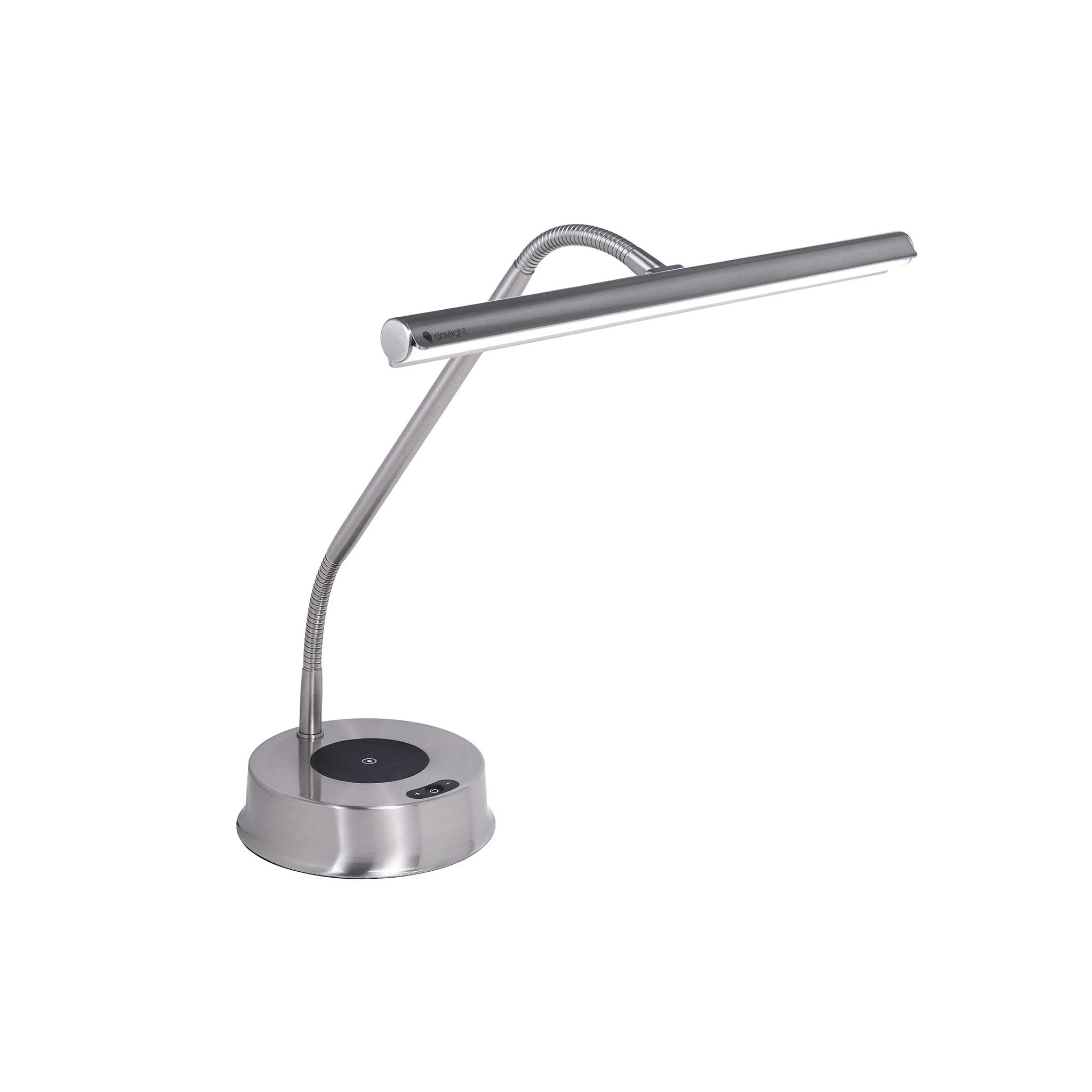 A modern silver LED desk lamp with a flexible gooseneck arm and a circular wireless charging base, shown on a plain white background.