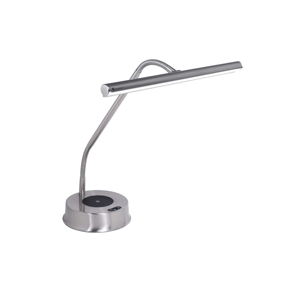 A modern silver LED desk lamp with a flexible gooseneck arm and a circular wireless charging base, shown on a plain white background.