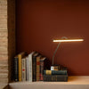 A modern LED desk lamp with a slim rectangular bar and curved metallic stem, glowing warm white on a shelf next to a stack of books against a dark reddish-brown wall.