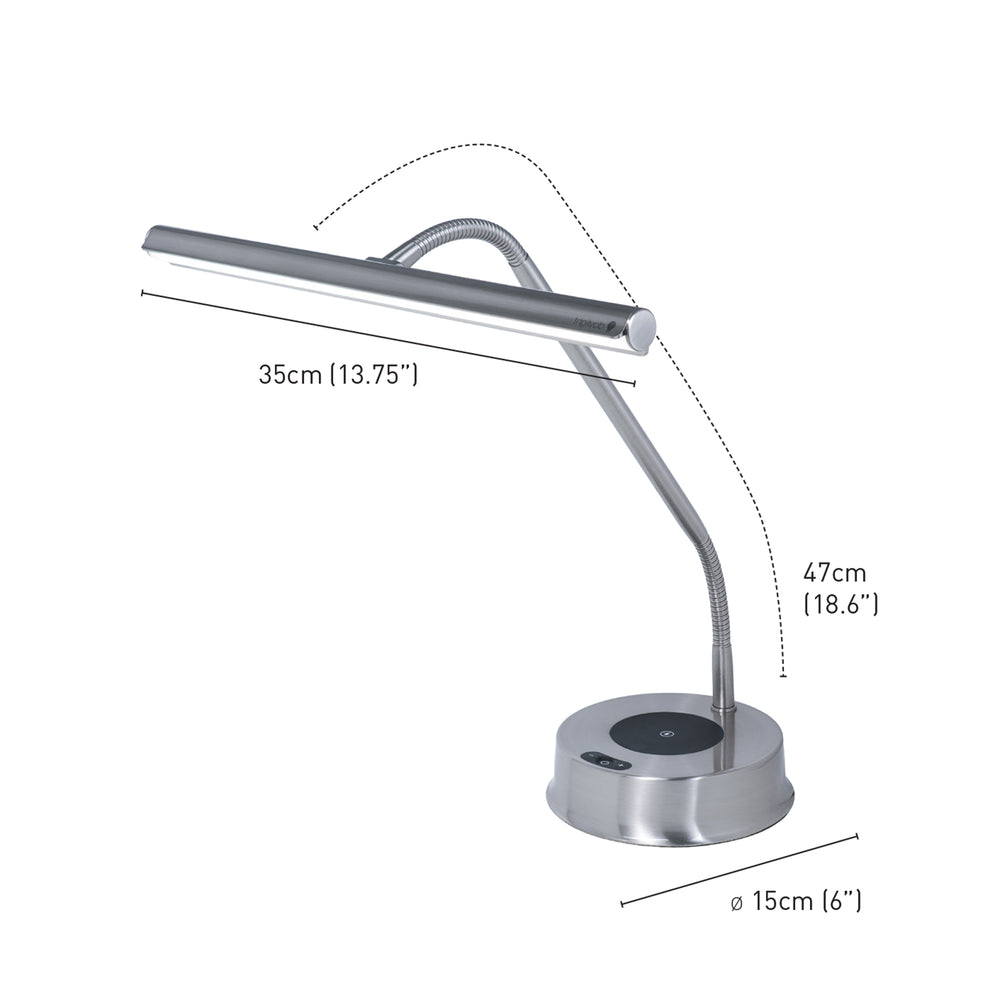 A silver adjustable desk lamp with dimension callouts showing 35cm light bar length, 47cm stand height, and 15cm base diameter on a white background.
