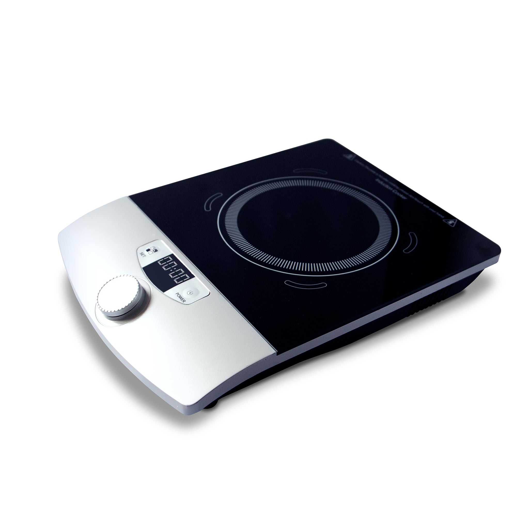 Angled view of the talking induction hob showing tactile rotary control and LED display