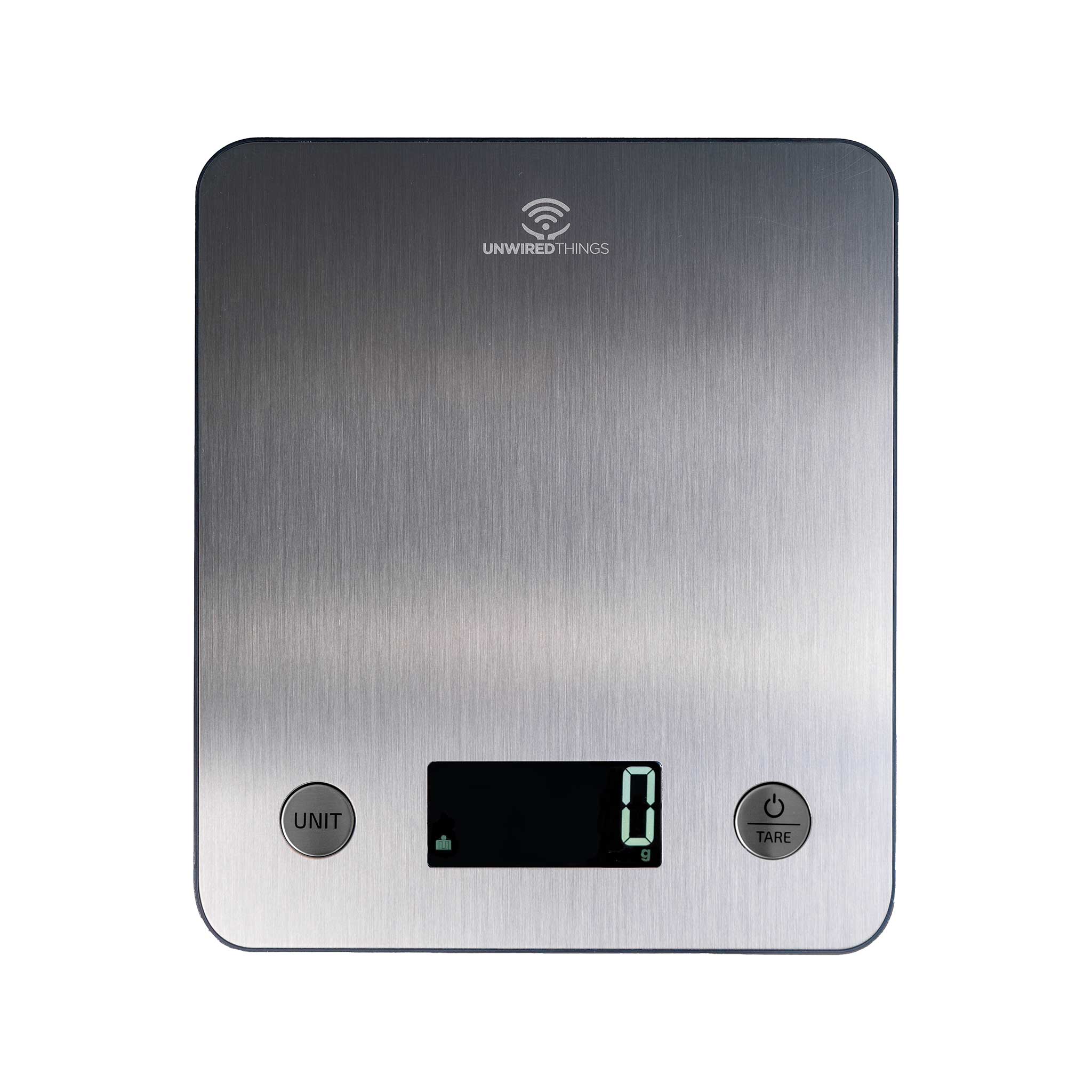 Stainless steel digital kitchen scale with Unwired Things logo on a white background