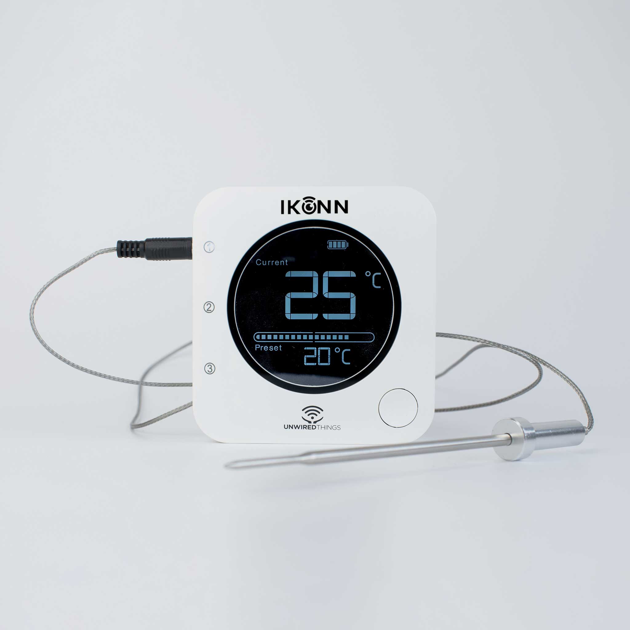 Digital thermometer with probe on a white background, branded 'IKONN'.
