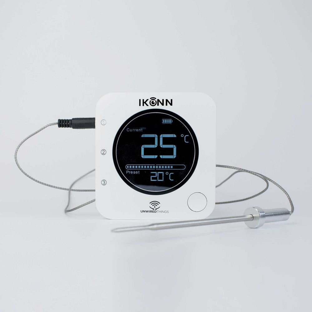 Digital thermometer with probe on a white background, branded 'IKONN'.