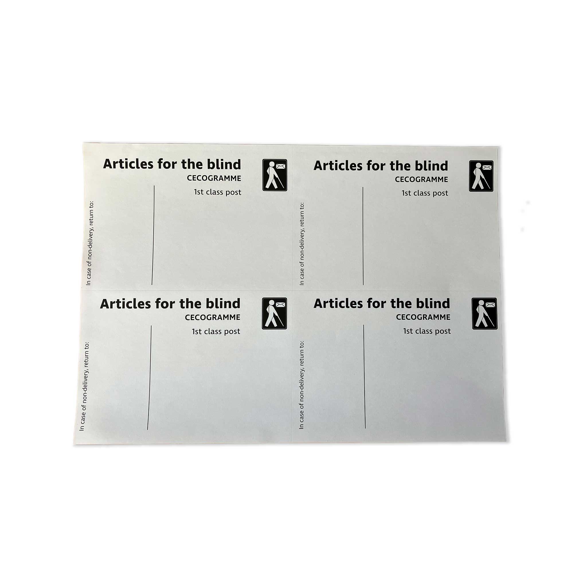 A4 sheet containing four Articles for the Blind postal labels