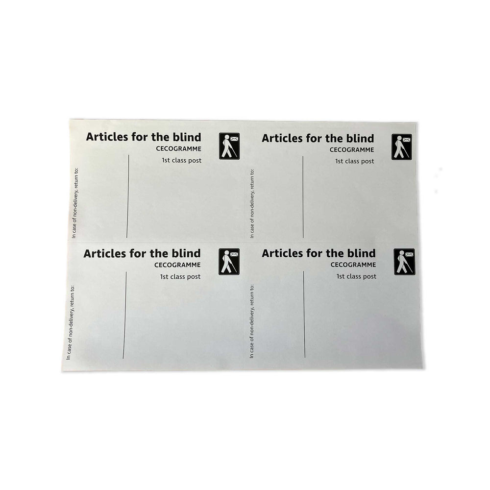 A4 sheet containing four Articles for the Blind postal labels