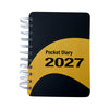 A spiral-bound pocket diary with a black cover featuring a large yellow wave graphic and the text 'Pocket Diary 2027' printed on the front, shown on a plain white background.