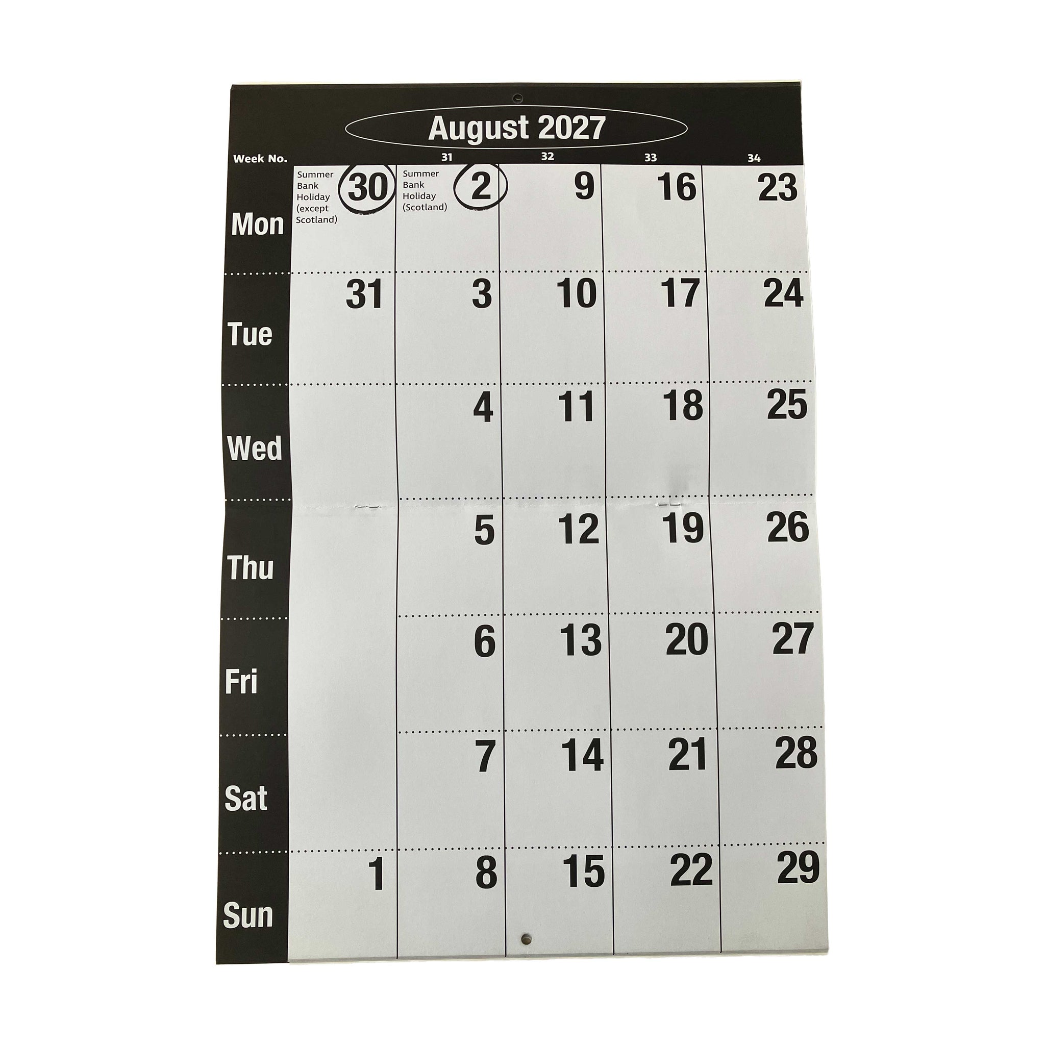 A black and white August 2027 weekly calendar page, showing days from Sunday to Saturday in a grid format on a white background.