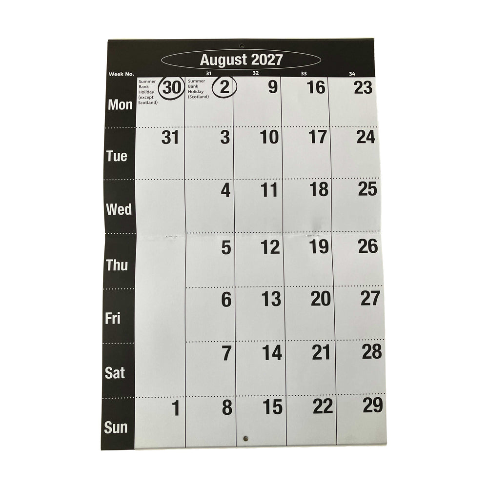 A black and white August 2027 weekly calendar page, showing days from Sunday to Saturday in a grid format on a white background.