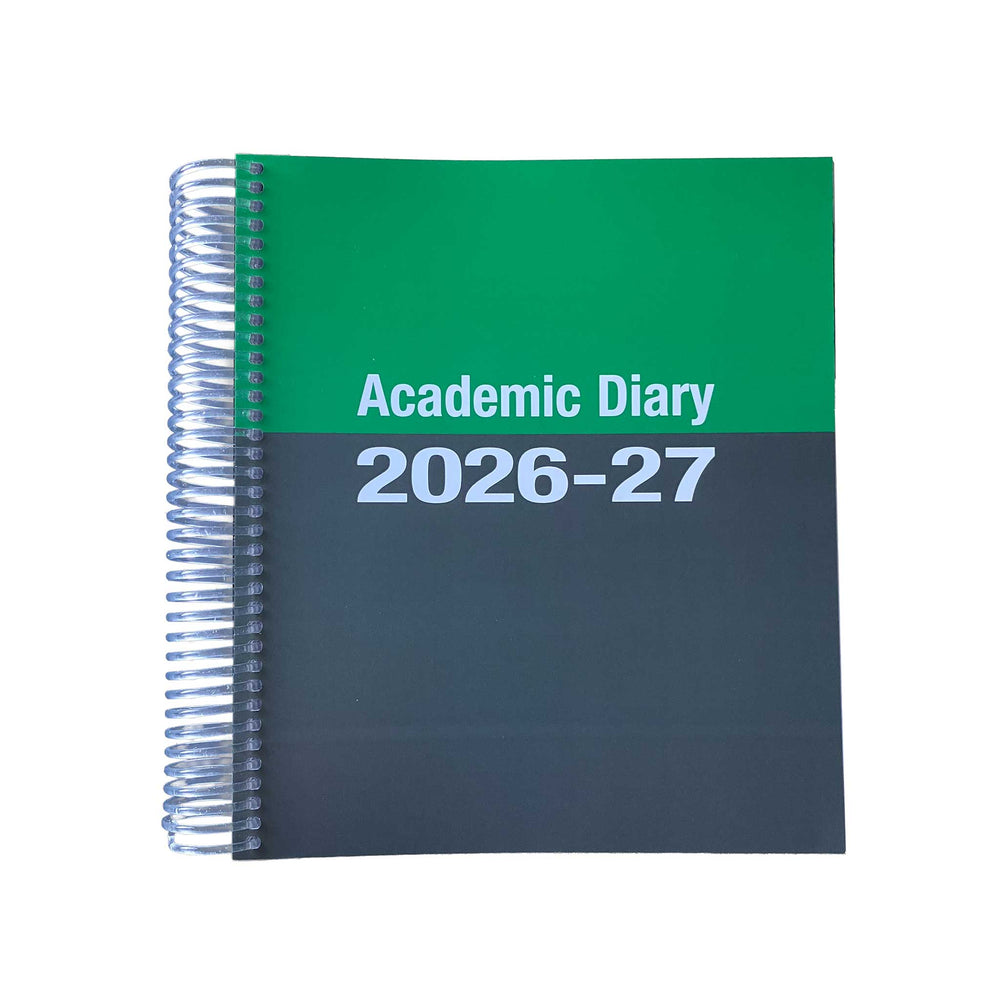 Academic diary with green and black cover displaying 'Academic Diary 2026-27' on a white background